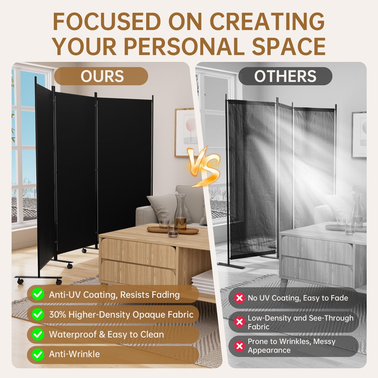Room Divider 102'' Wide Folding Room Divider Panel with Wheels, 3 Panel Wall Divider for Room Separation, (Upgraded Metal Base) Portable Room Privacy Screen for Space Separator Partition Room Dividers