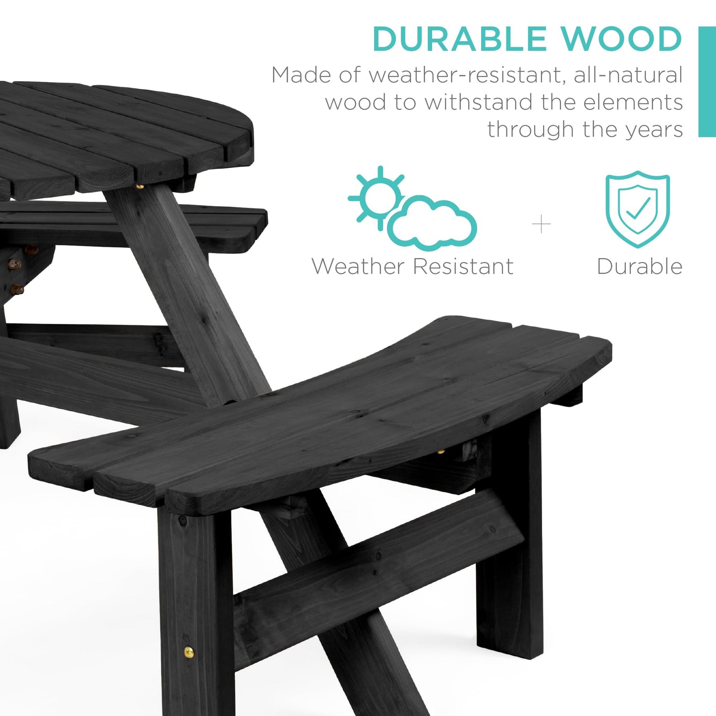 Best Choice Products 6-Person Circular Outdoor Wooden Picnic Table for Patio, Backyard, Garden, DIY w/ 3 Built-in Benches, 500lb Capacity - Black