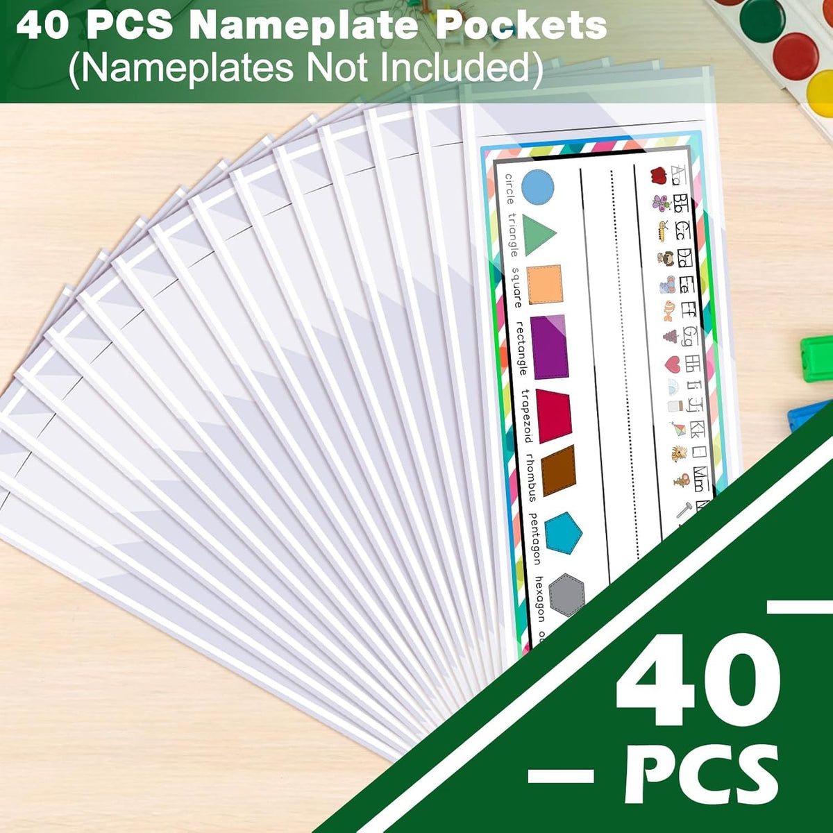 Meetory 40 PCS Upgraded Nameplate Pocket, Self Adhesive Desk Nameplates Name Tag Pocket, No Residue Clear Plastic View Name Tag Sleeves for Classroom Desk, Office Supplies (12.2" x 3.7")