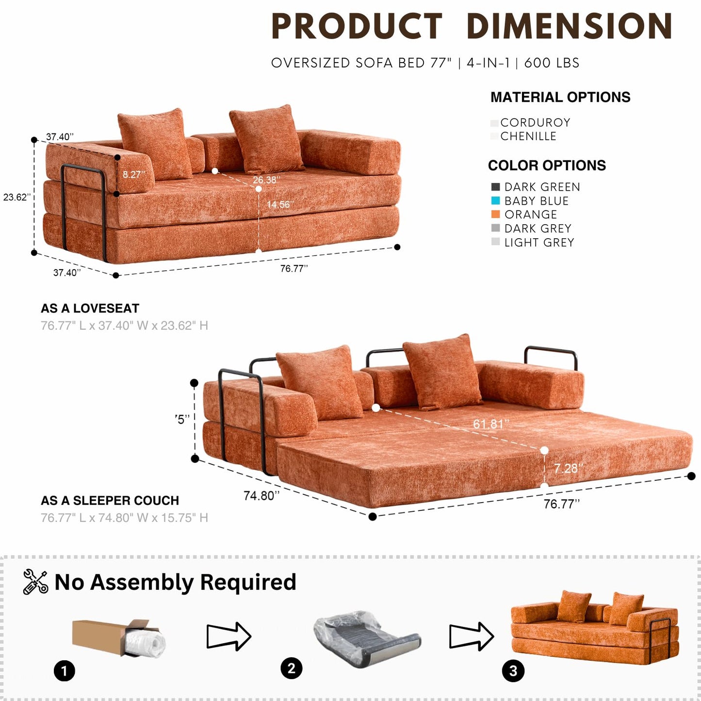 Alpen Futon Sofa Bed Full Size, 4-in-1 Sleeper Sofas with L-Shaped Armrests, Small Sofa Bed Couch for Small Spaces Loveseat Sleeper for Living Room Bedroom, Chenille, Orange