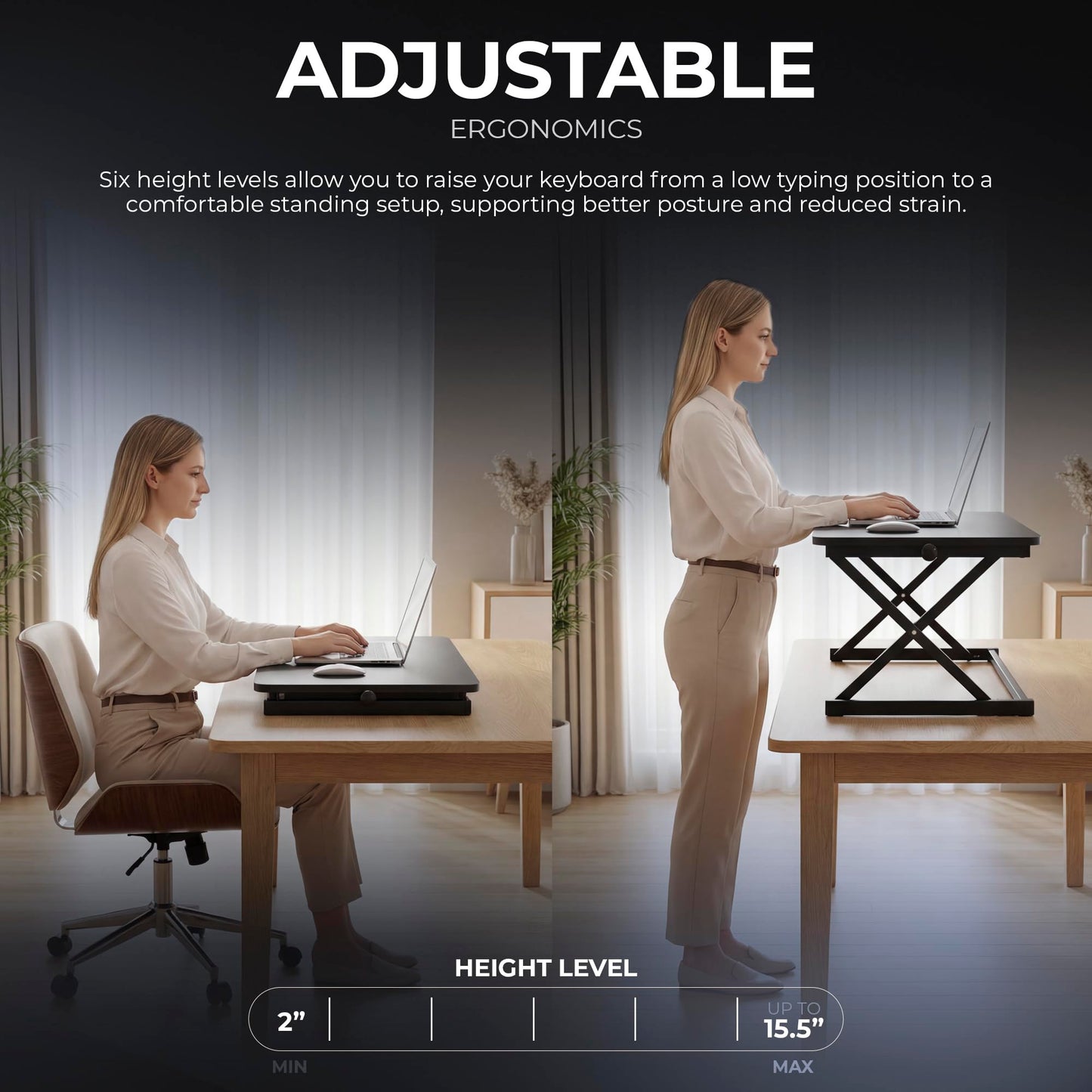Venmark - Keyboard and Mouse Riser, Height Adjustable Standing Desk Converter, 24 x 12 Inch Computer Keyboard Stand with Stable X-Frame, Ergonomic Desktop Riser for Laptop, Typing & Office Work