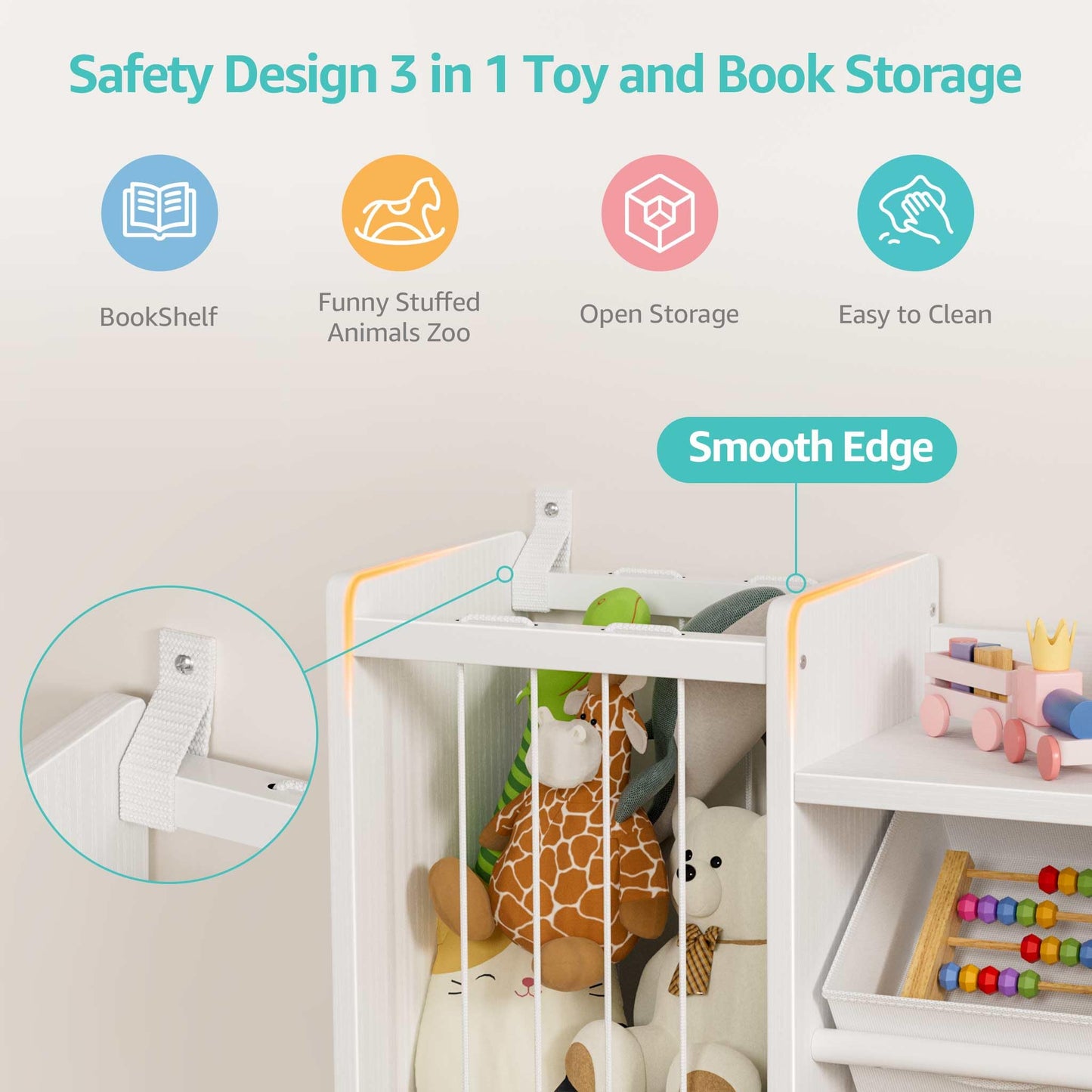 BOLUO Kids Toy Storage Organizer with Bookshelf, 3-in-1 Kid Book and Toy Storage Holder Shelves for Baby Toddler Playroom Living Room White