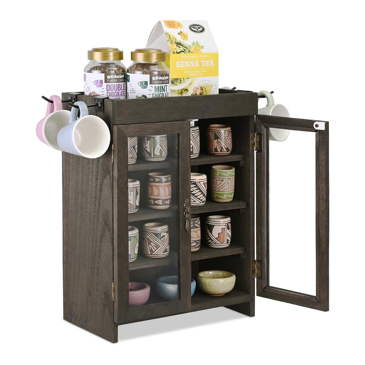 Ikee Design Small Wooden Countertop Storage Cabinet with Adjustable Shelves and Removable Hooks, Perfect for Perfume, Pantry, Essential Oil, 10.4W x 6.1D x 14.4H in, Dark Brown