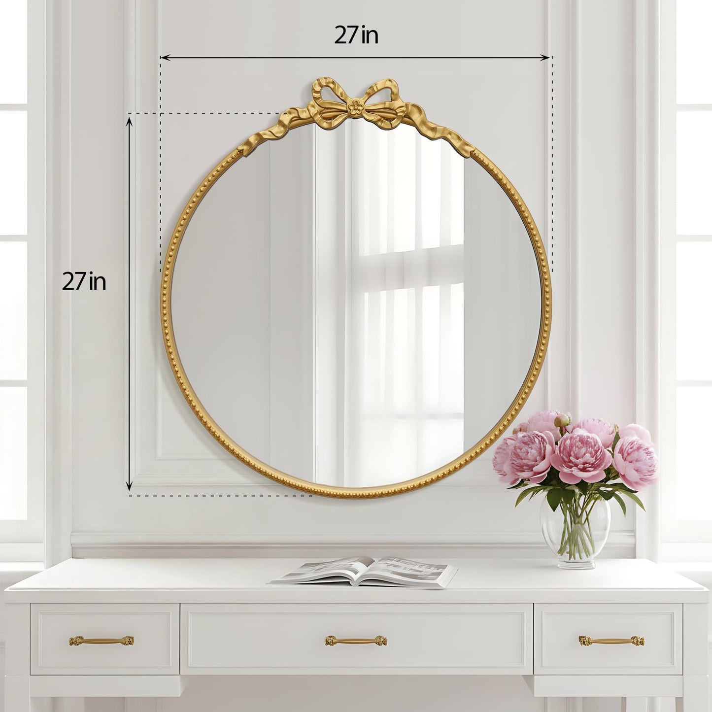 Besdomus Gold Round Bow Mirror: 27" Modern Circle Bathroom Vanity Mirror - Baroque Traditional Ornate Beaded Decorative for Wall/Cloakroom/Bedroom/Dressing Room - Ideal for Fashion Conscious Women
