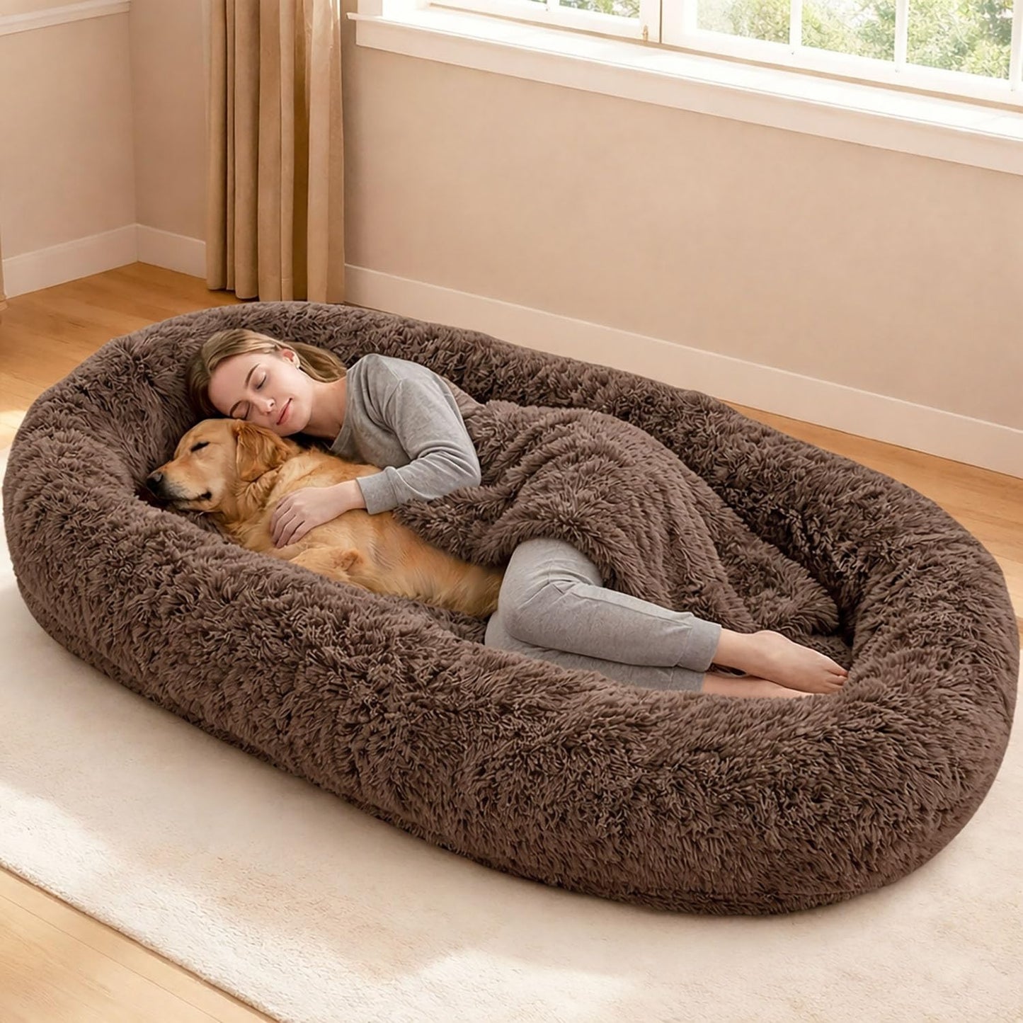 71"x44"x12.5" Human Dog Bed for Adult Faux Fur Washable Human Dog Bed Portable Handle, Egg Orthopedic Foam Human Bed Extra Large Brown