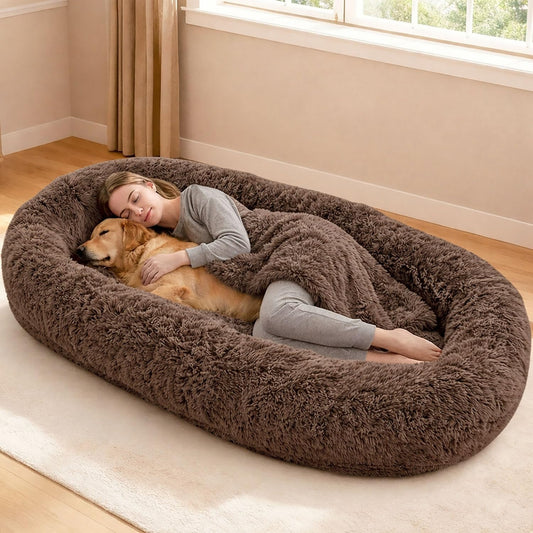 71"x44"x12.5" Human Dog Bed for Adult Faux Fur Washable Human Dog Bed Portable Handle, Egg Orthopedic Foam Human Bed Extra Large Brown