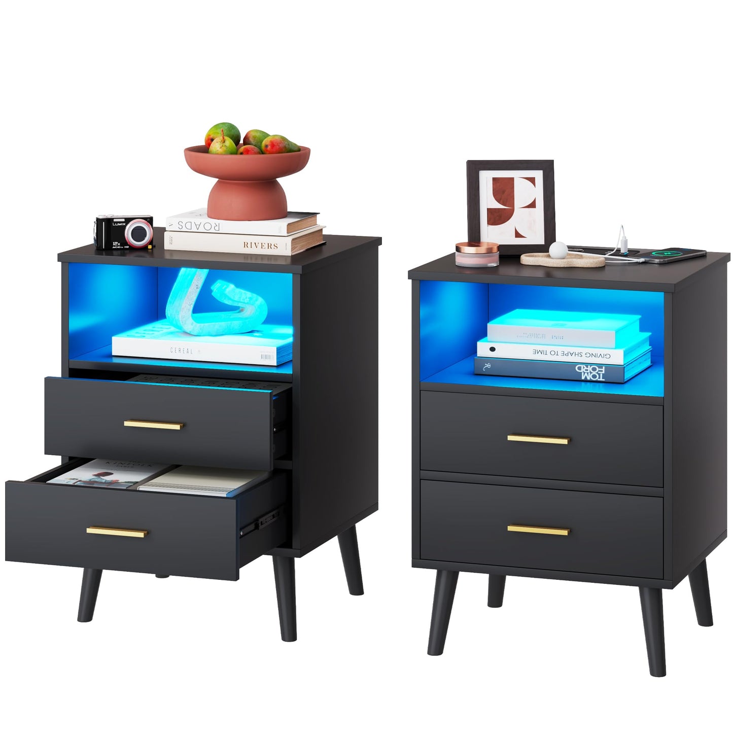 LVSOMT Nightstands Set of 2, Black Nightstand with Charging Station and USB Ports, Bed Side Table/Night Stand with 2 Drawers, Modern Night Stands for Bedroom