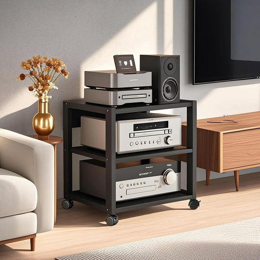 XEOKXOIT 3 Tier AV Media Stand, Audio Rack Tower Stereo Components Cabinet, Home Theatre CD Record Player Stereo Receiver Equipment Rack with Adjustable Wood Shelves, Load 220lbs (Black)