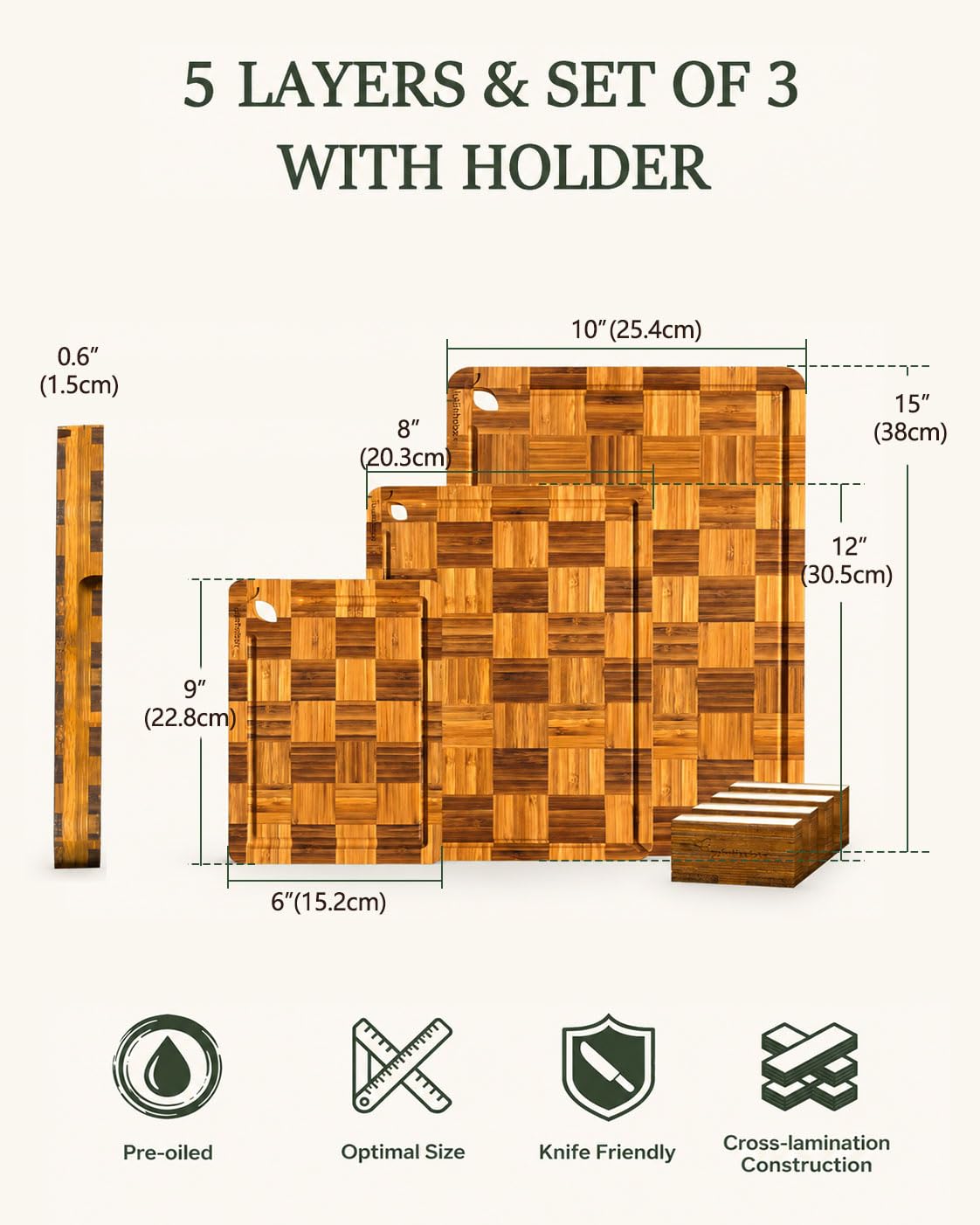 Checkered Cutting Board Set with Holder, Set of 3 Butcher Block End Grain Chopping Boards for Kitchen, Decorative Wooden Boards with Stand for Serving, Charcuterie, Meat, Fruit and Meal Prep