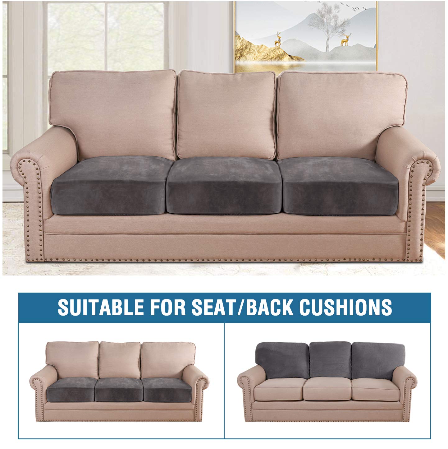H.VERSAILTEX Velvet Stretch Couch Cushion Cover Plush Cushion Slipcover for Chair Loveseat Sofa Cushion Furniture Protector Seat Cushion Sofa Cover (3 Piece Sofa Cushion Covers, Grey)