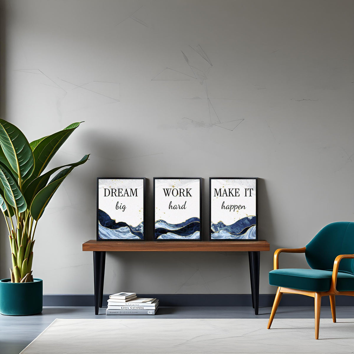 LevvArts Motivational Office Decor Dream Big Work Hard Make It Happen Inspirational Quotes Wall Art Prints Blue and Gold Artwork (Blue)