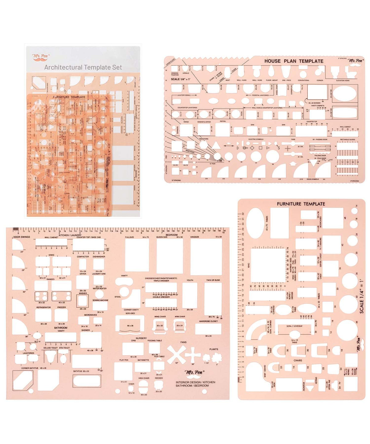 Mr. Pen- House Plan, 3 pcs, Interior Design and Furniture Templates, Clear Flexible Plastic, Drafting Tools, Ruler Shapes for Architecture, 1/4 Inch Scale, Kitchen, Bath, Bedroom, Office, Living Room