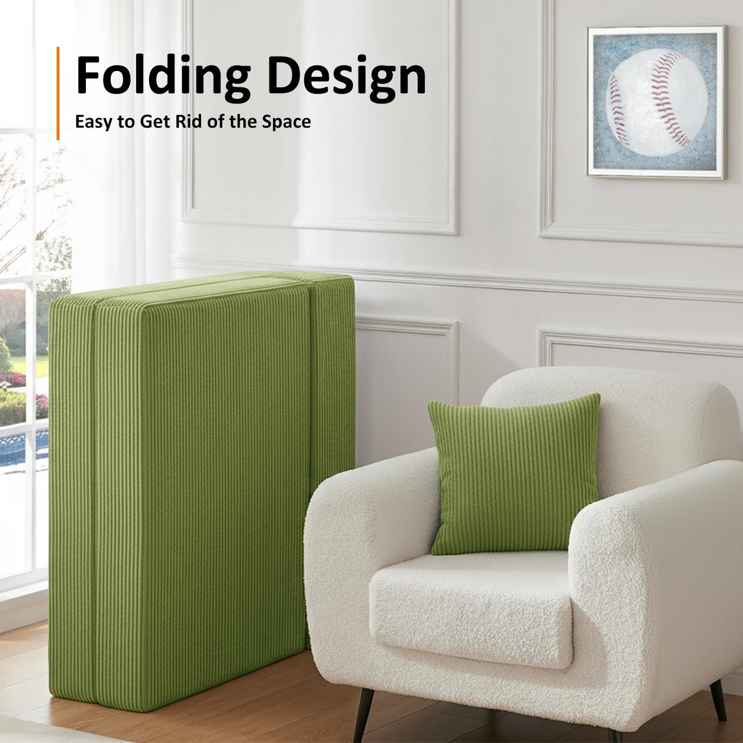 JKMAX Single Size Folding Sofa Bed - 4 in 1 Convertible Sleeper Chair - High Density Memory Foam Futon Couch - Foldable Bed for Living Room Bedroom (Green)