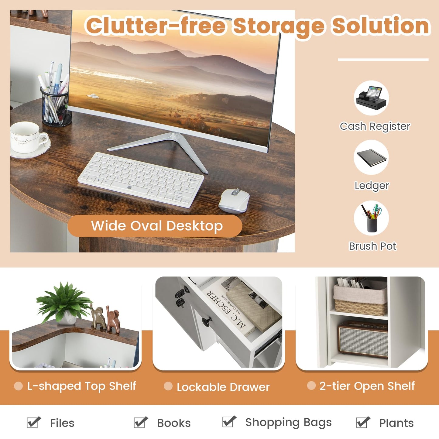 Tangkula Reception Desk, Front Counter Desk with Lockable Drawer & Adjustable Shelf, Oval Desktop, Retail Counter for Checkout, Computer Workstation for Salon Lobby Office, Home Office Desk