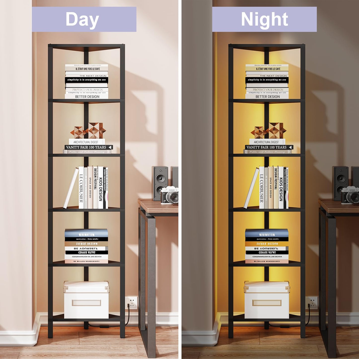TUTOTAK Corner Shelf with LED Light, 6-Tier Corner Bookshelf for Small Space, Narrow Display Corner Shelf Stand with Storage Rack, for Living Room, Bedroom, Black BS05BK006L