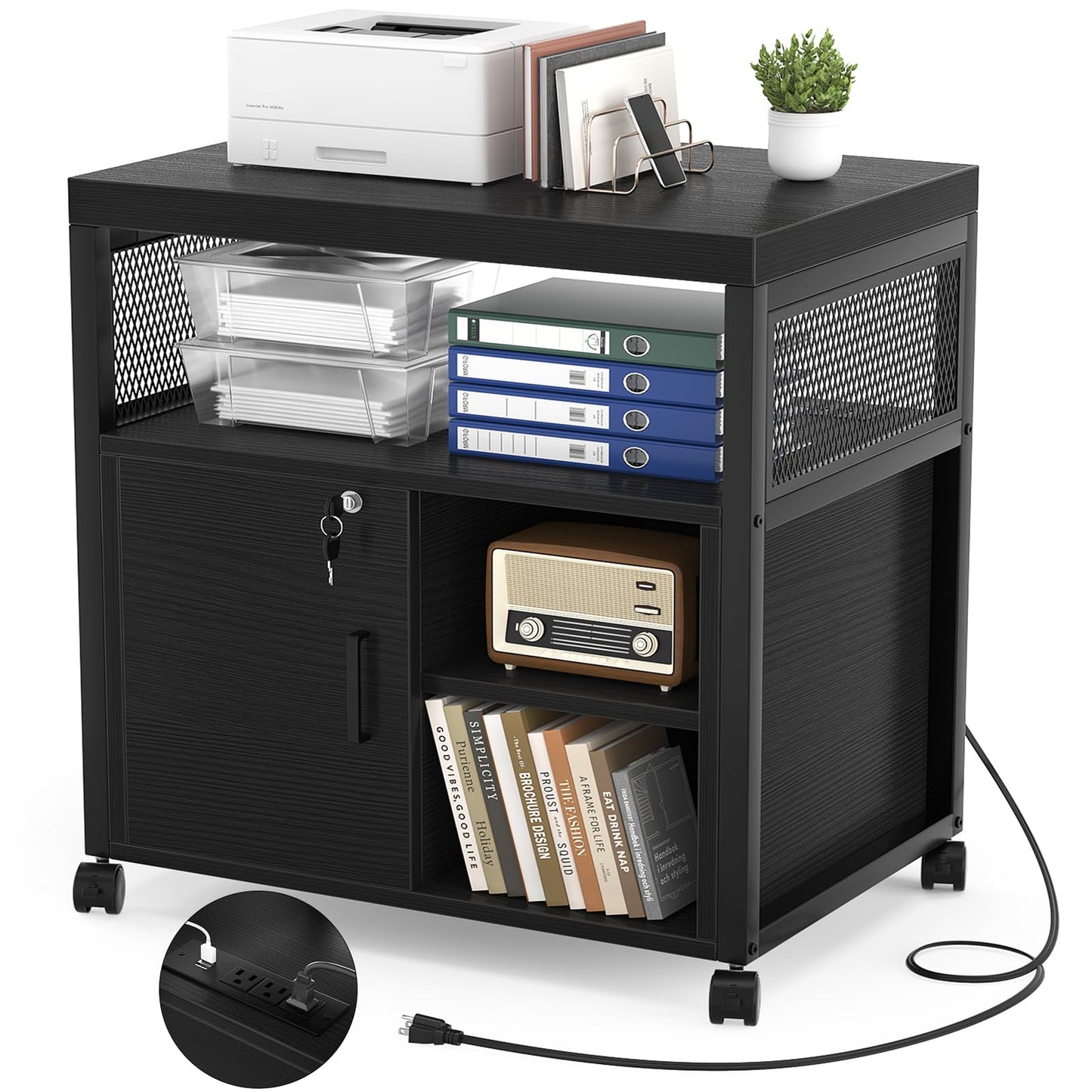 Unikito Lateral File Cabinet, Locking Office Printer Stand with Sockets and USB Charging Ports, Modern Rolling Printer Desk with Storage for A4, Letter Size and File Folders, Black