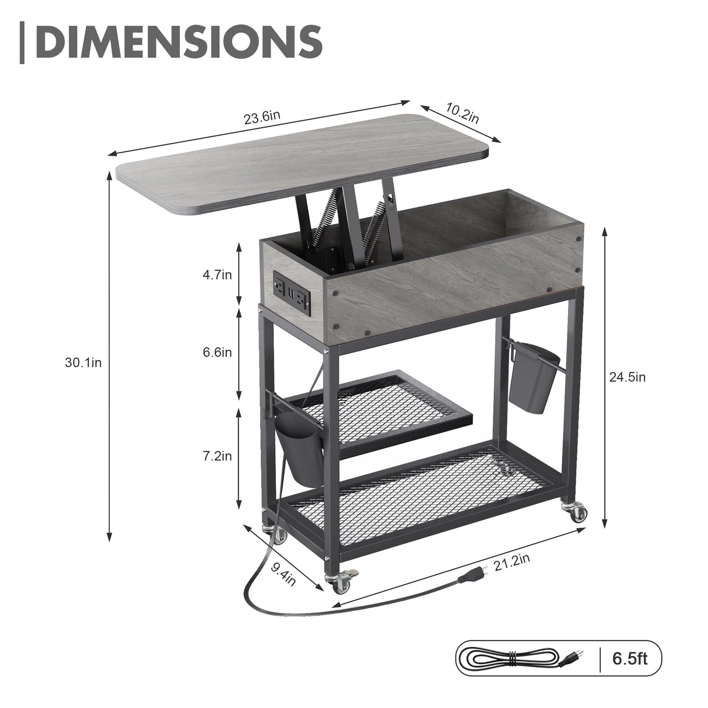 Colima Lift Top End Table with Charging Station and Wheels, Sofa Side Table with USB Port & AC Outlets, Movable Bedside Nightstand with Side Bag for Office Living Room Bedroom(Gray)