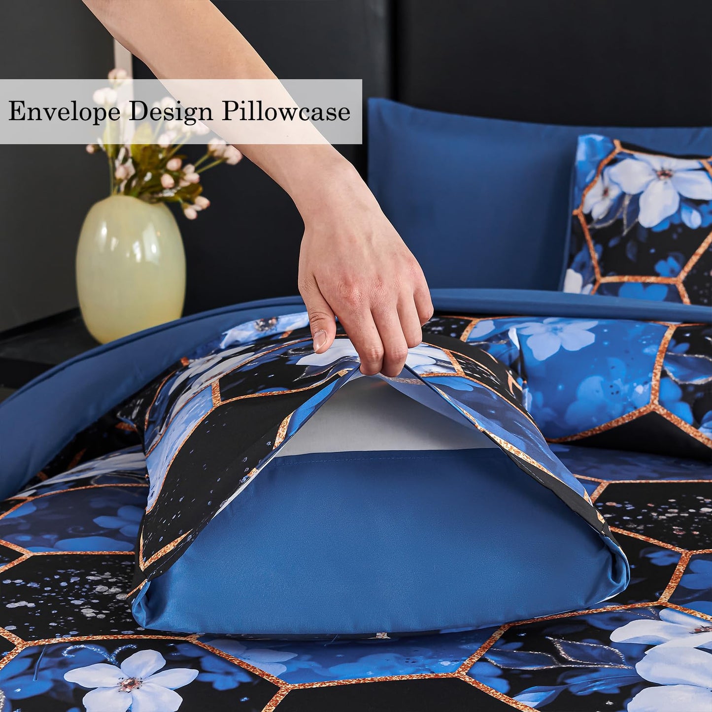 ZRNBAST Queen Comforter Set 7 Pieces Blue Floral Bedding Set, Geometric Bed in A Bag with Sheets and Pillowcases, Soft Microfiber Complete Bedding Sets for All Season(Blue Floral,Queen)