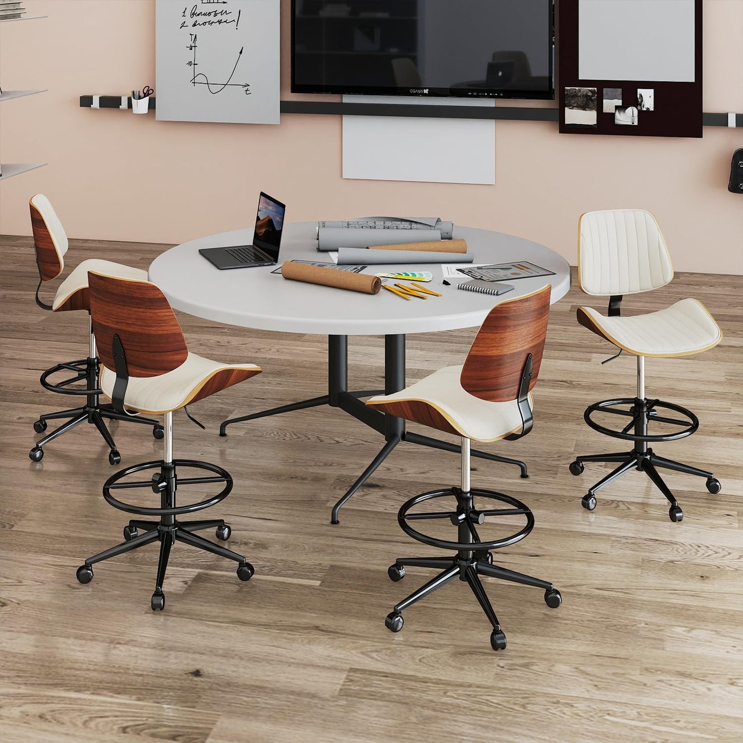 Rongbuk Drafting Chair, Ergonomic Office Chair with Walnut Wood Back Support, Armless PU Leather Desk Chair with Height-Adjustable, Thick Cushion for Home, Bar, Drafting, Office (Beige)