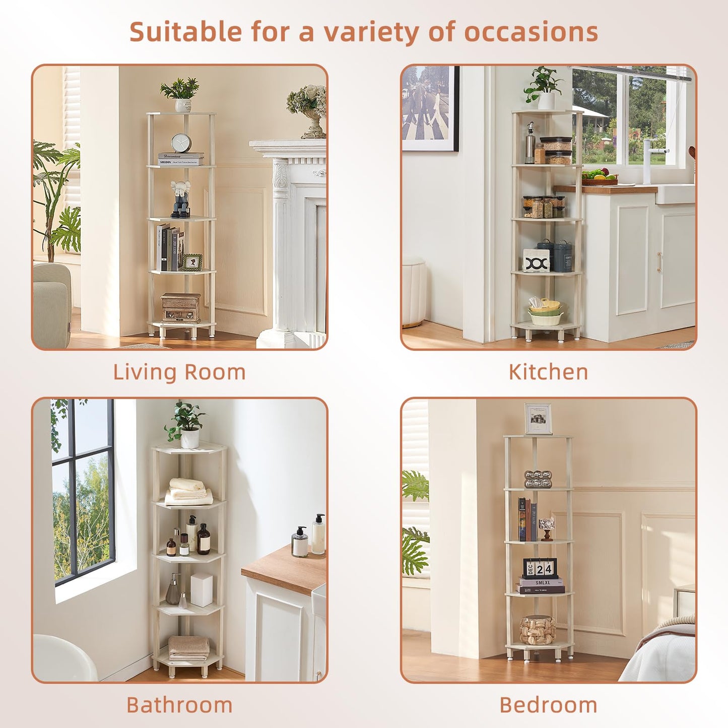 YUFAM 5-Tier Corner Shelf with Sturdy 5-Leg Base, Wooden Corner Bookshelf for Small Spaces, Corner Standing Shelf for Living Room, Bedroom, Office, Grey White
