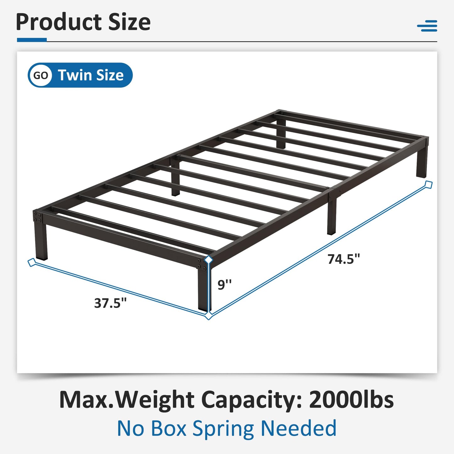 Fly-CTsoar 9 Inch Low Twin Bed Frames Heavy Duty Metal Platform, No Box Spring Needed, Easy Assembly Mattress Foundation, No Noise, Black