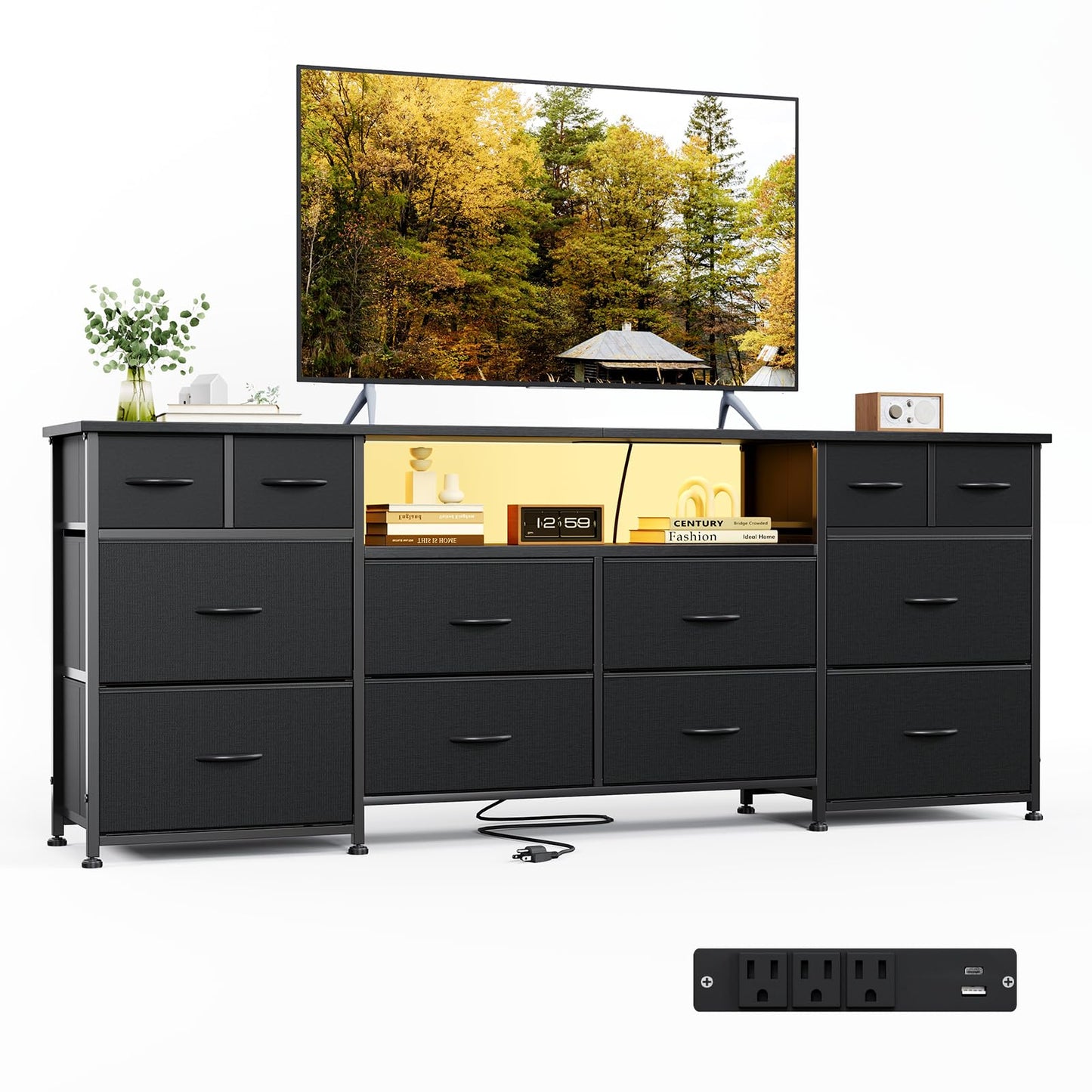 VERMESS TV Stand for 65, 70 Inch TV, Entertainment Center with LED Lights & Charging Station, Dresser with 12 Fabric Drawers and Storage Shelves, TV Media Console Table for Living Room, Hallway, Black