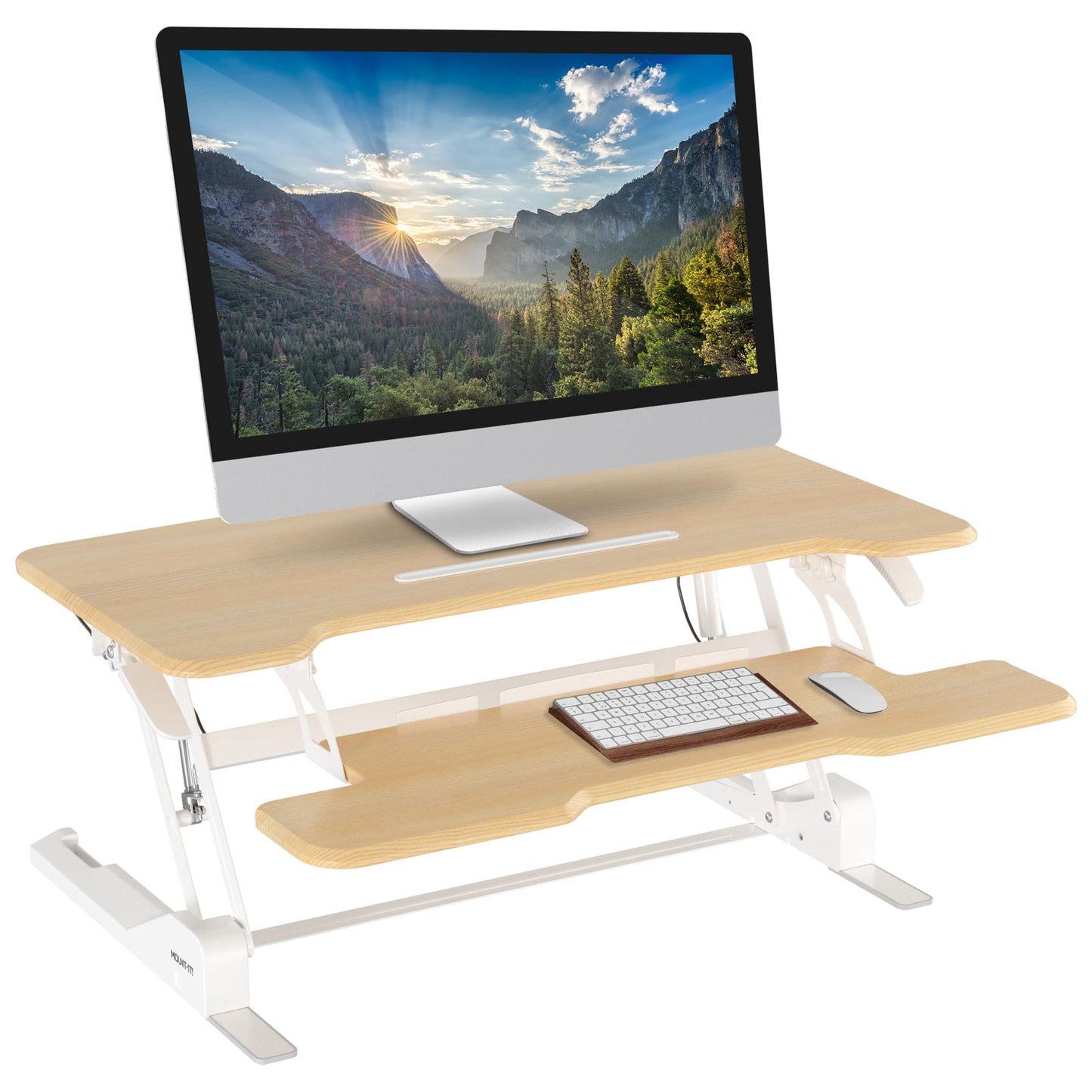 Mount-It! Height Adjustable Standing Desk Converter, 38” Wide, Desk Riser for 2 Monitors, Manual Gas Spring Sit Stand Desktop Raises to 16.9", Fits Two Monitor Screens with Keyboard Mouse Tray Maple