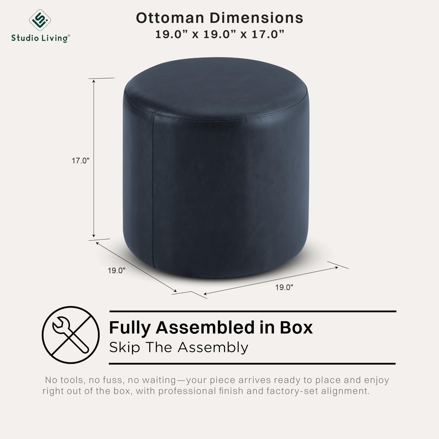 Studio Living® 19” Wentworth Ottoman Round Faux Leather Bench, Stationary Ottomans, Backless Chair, Footrest for Living Room, Footstool Office, Bedroom, Padded Seat, Navy Blue