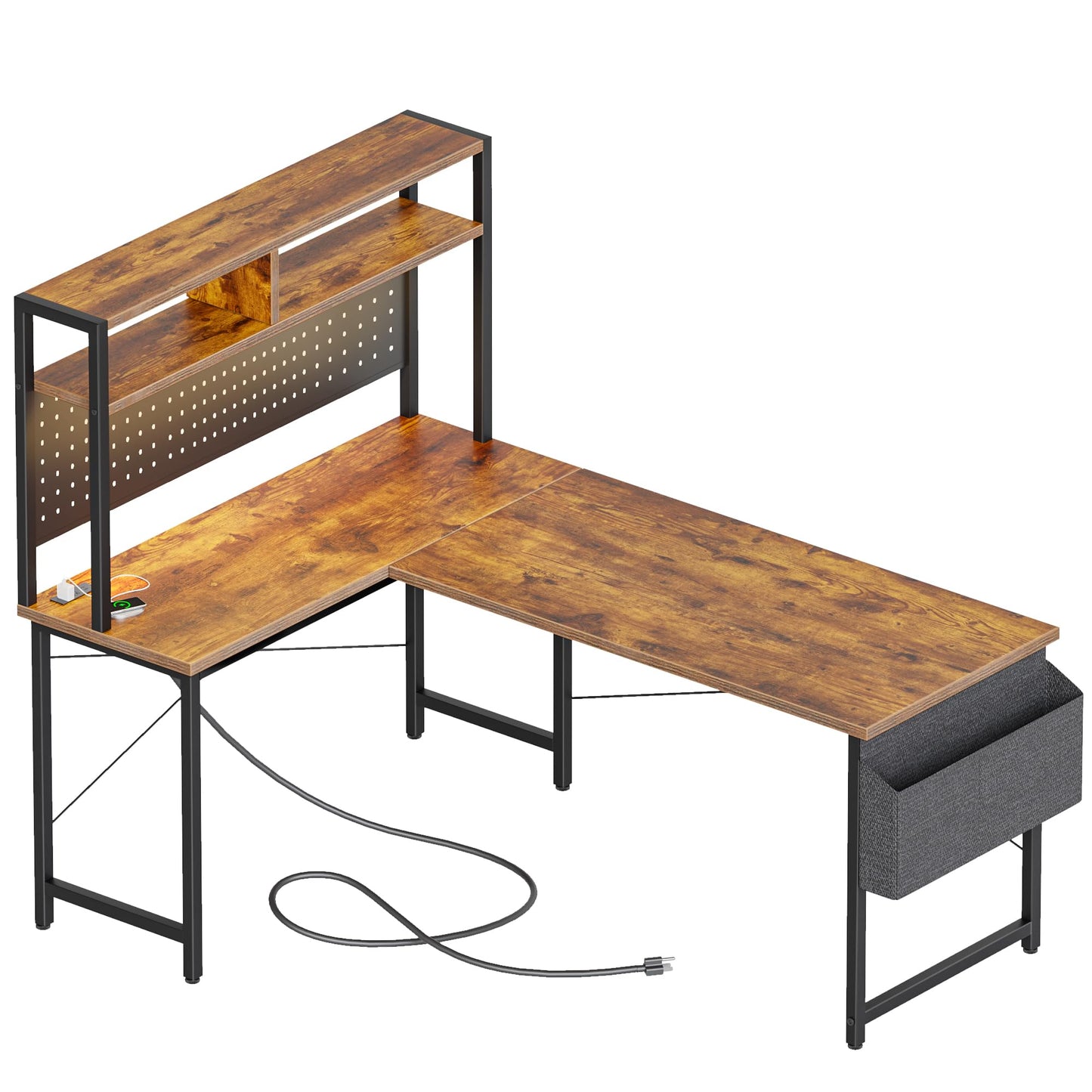 Mericonia 50 inch Large L Shaped Desk with Pegboard Hutch & Shelves, Corner Gaming Desk with Power Outlet, LED Light & Storage Bag, Reversible Computer Desk for Home, Bedroom, Office Workspace, Brown
