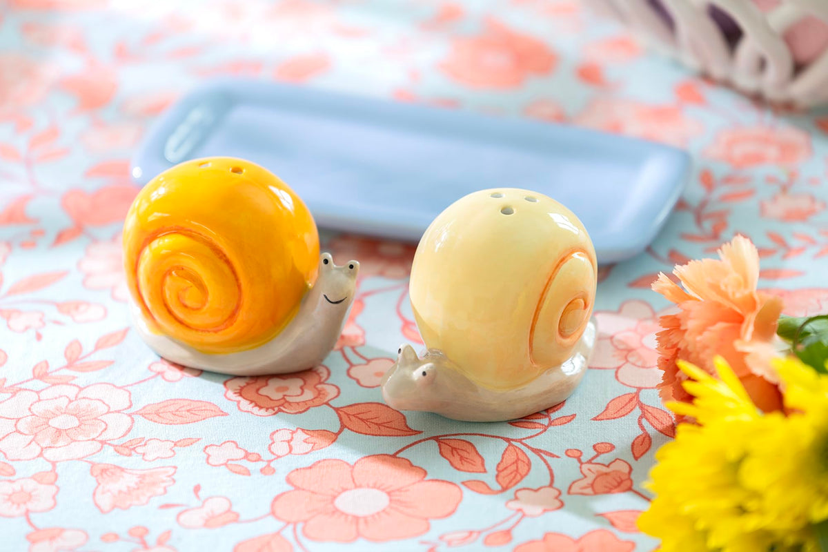 Happy Snails Ceramic Salt and Pepper Shaker Set with Tray, Spring Decor, Garden Party, Seasonal Gift