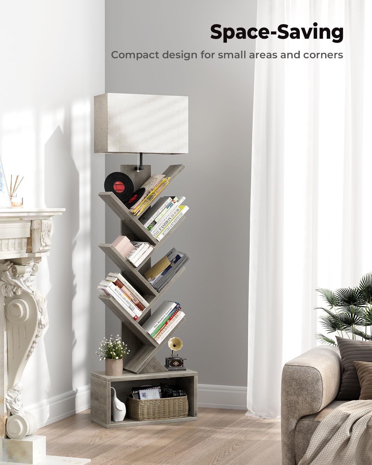 Evermagin 6 Tier Tree Bookshelf with Light, Narrow Bookcase Tower, Tall Floor Standing Book Shelf Organizer with Storage Cabinet for Living Room, Bedroom and Home Office, Gray