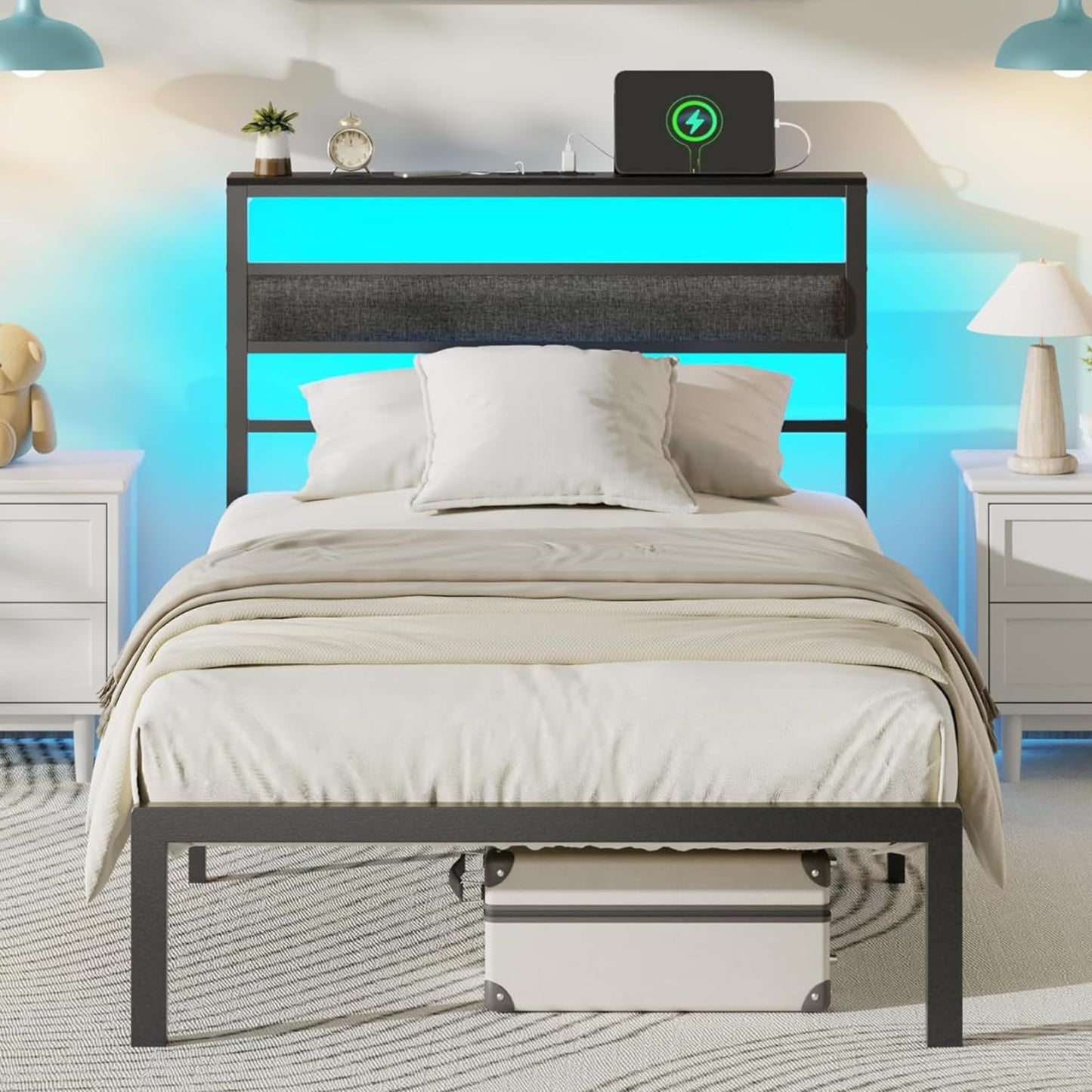OURPIC Twin Bed Frames for Kids, Metal Platform Bed Frame Twin Size with Charging Station and LED Lights, Upholstered Headboard and Storage Shelf, No Box Spring Needed, Easy Assembly