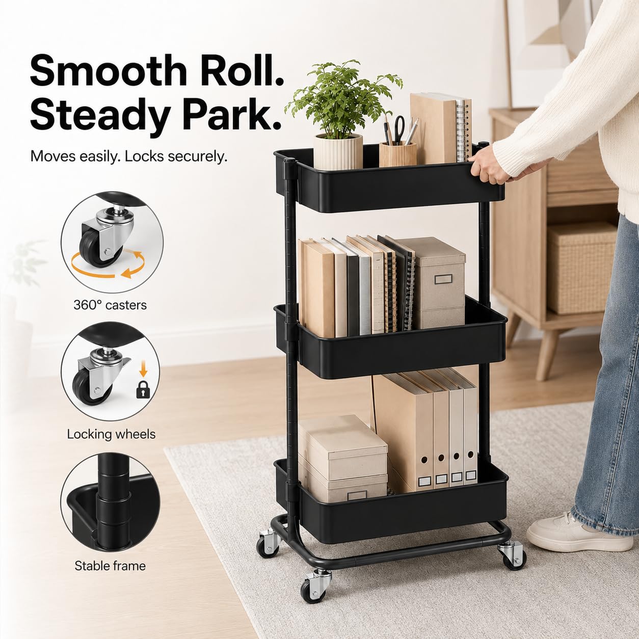 3 Tier Utility Rolling Cart, Heavy Duty Metal Rolling Cart with Wheels, Storage Organizer, Portable Mobile Shelving Unit for Office, Bathroom, Kitchen (Black)