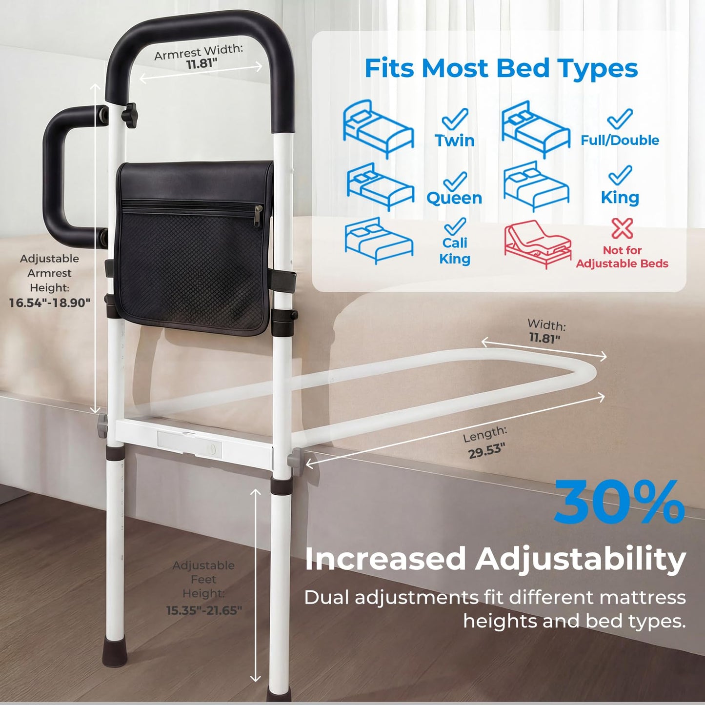Bed Rails for Elderly Adults Safety, ASTM Certified Bed Rail for Seniors with Motion Sensor Light, Non-Slip Handle & Storage Bag, Height Adjustable Bed Assist Bar with 400LBS Support, Dark Black