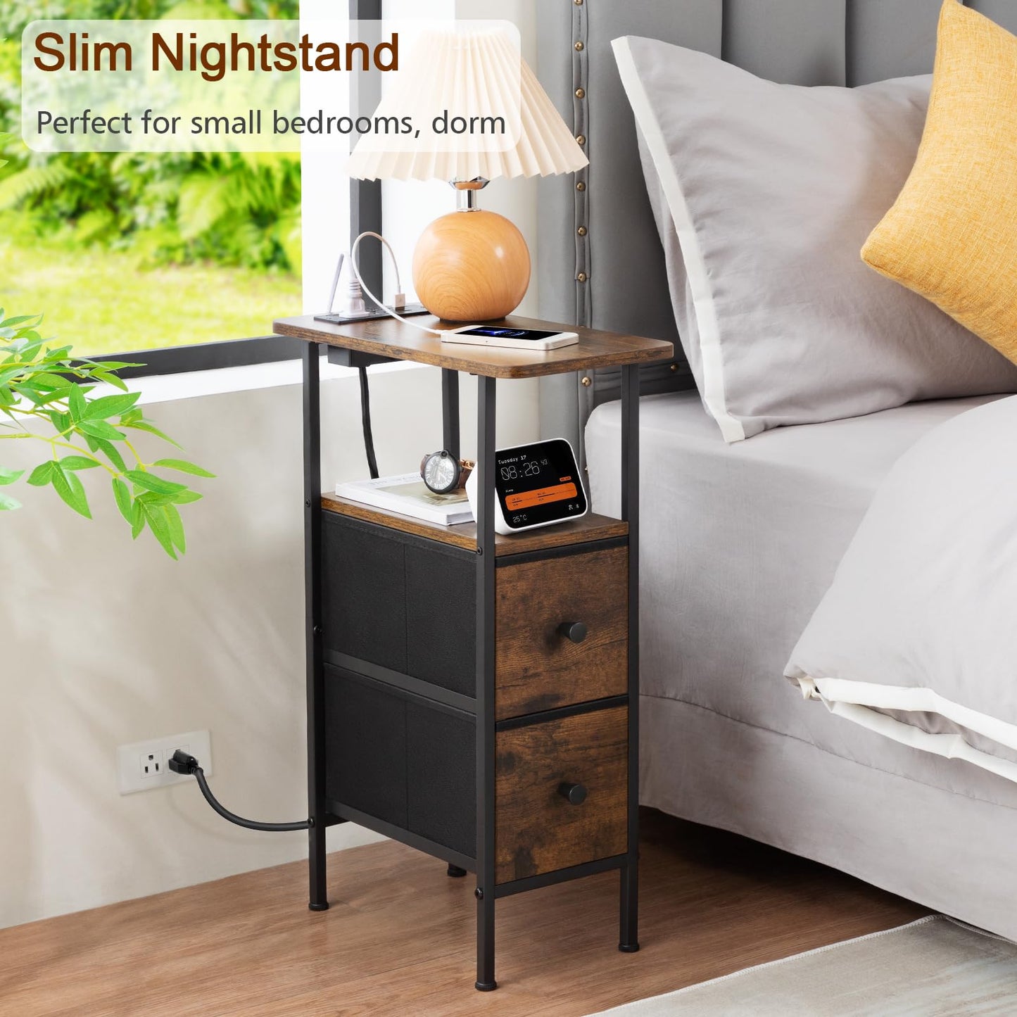 LOAKEKEL Narrow Nightstand with Charging Station, End Tables Living Room Set of 2, Skinny Side Table with Fabric Drawers, Slim Sofa Table for Bedroom, Small Spaces, Couch, Brown, HETNDP02BR