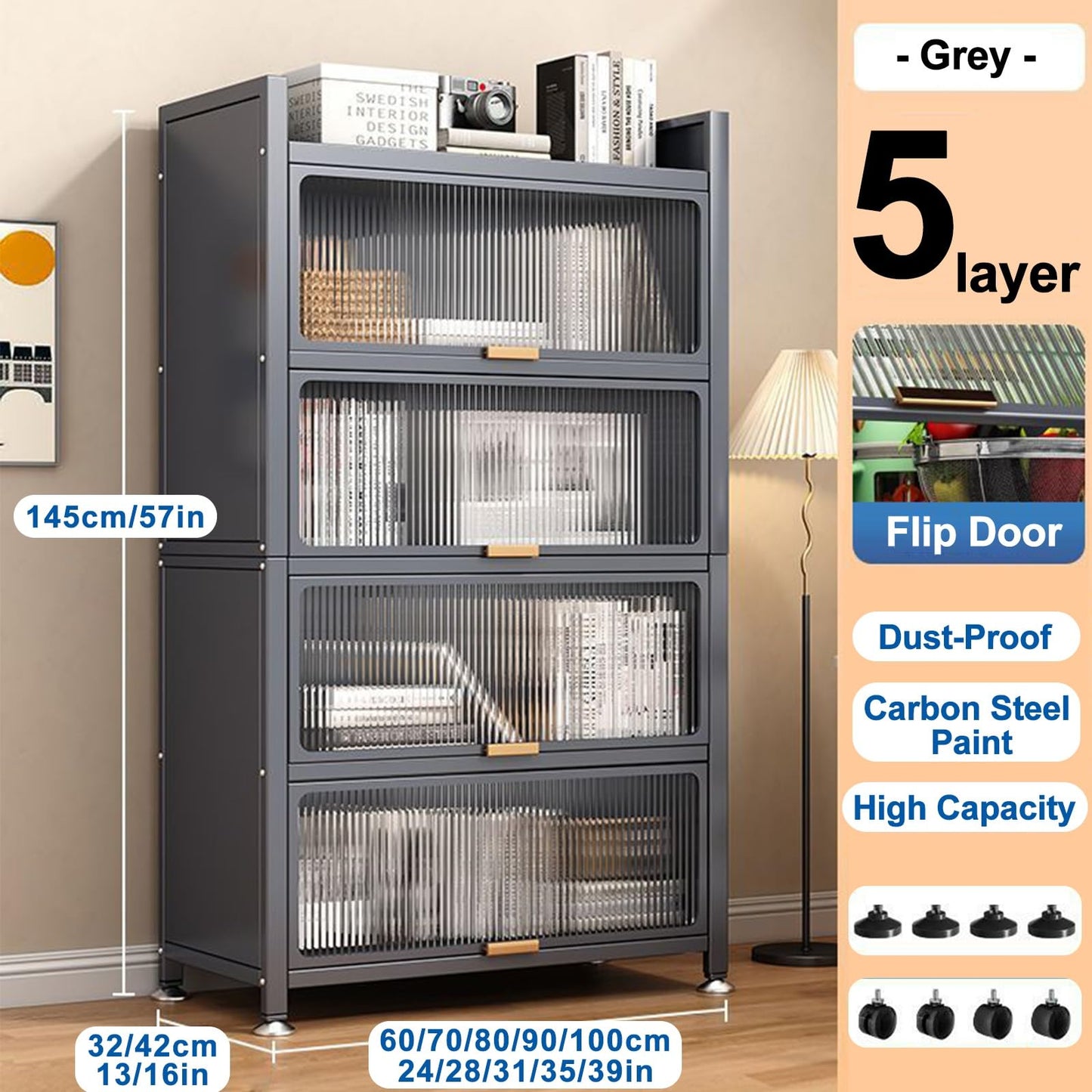 5-Tier Bread Rack & Coffee Station - Versatile Kitchen Storage Cabinet with Flip Doors for Home, Office, Pantry, Garage - Compact 70cm/28in (Color: Grey)