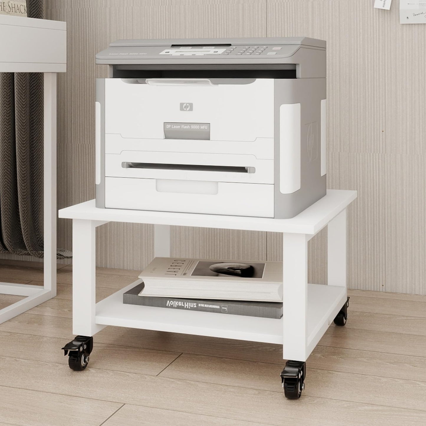 Natwind 2 Tier Laser Printer Stand,19.7''x19.7''x12.6'' Large Printer Table Copier Stand Under Desk,Heavy Duty Rolling Cart with Paper Storage Shelf,Printer Holder on Wheels for Home Office (White)