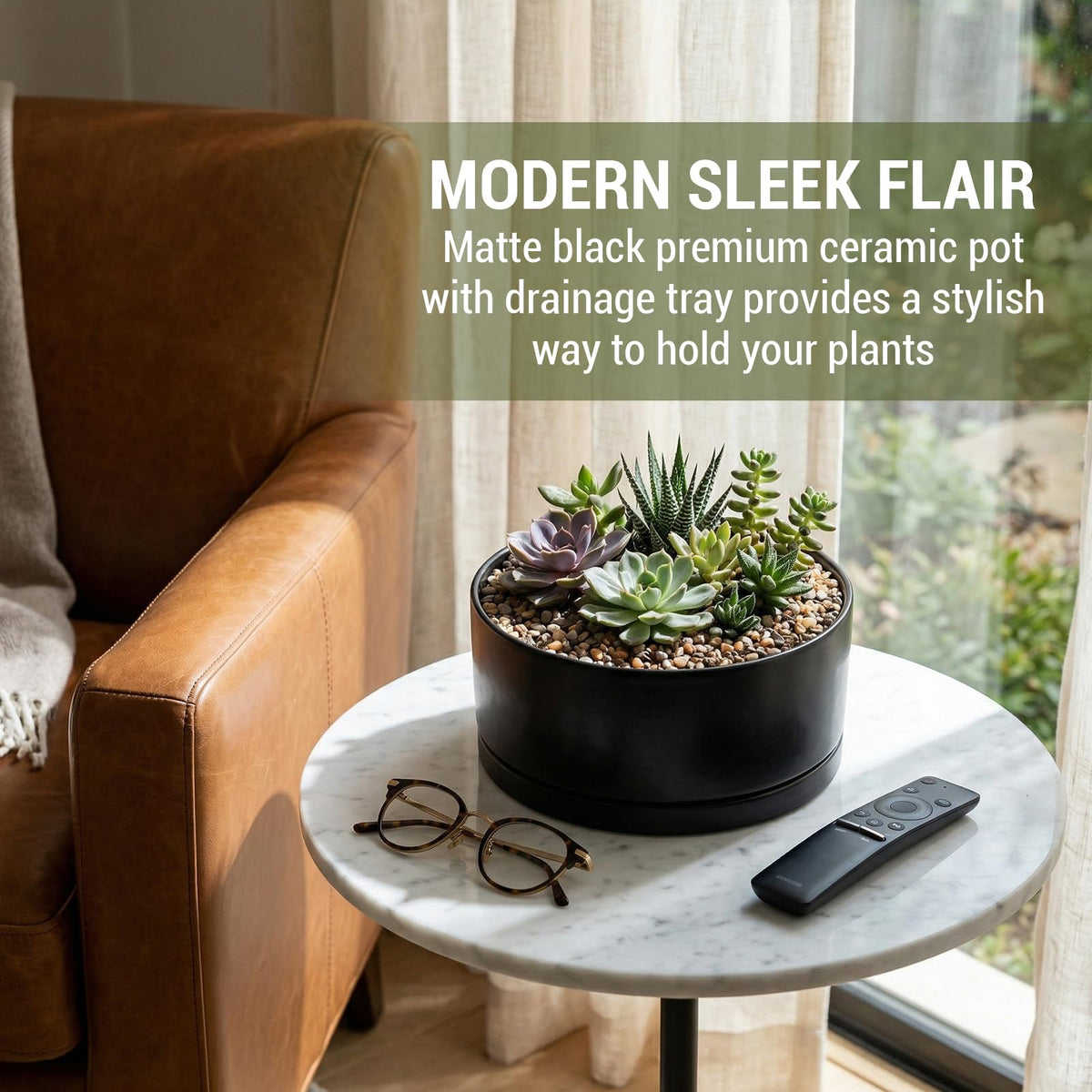 MyGift 8 Inch Black Ceramic Succulent Planter Pot - Decorative Flower Plant Bowl with Removable Saucer