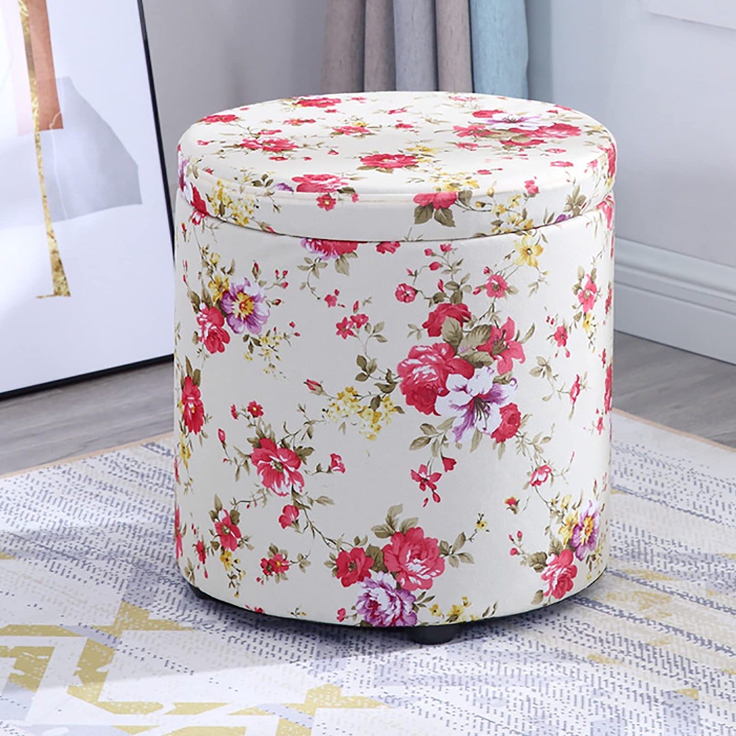 Storage Round Pouffe Stool,Ottoman Footstool,Dressing Table Stool Change Shoe Footrest Removable Lid for Living Room Bedroom,Bloom-L