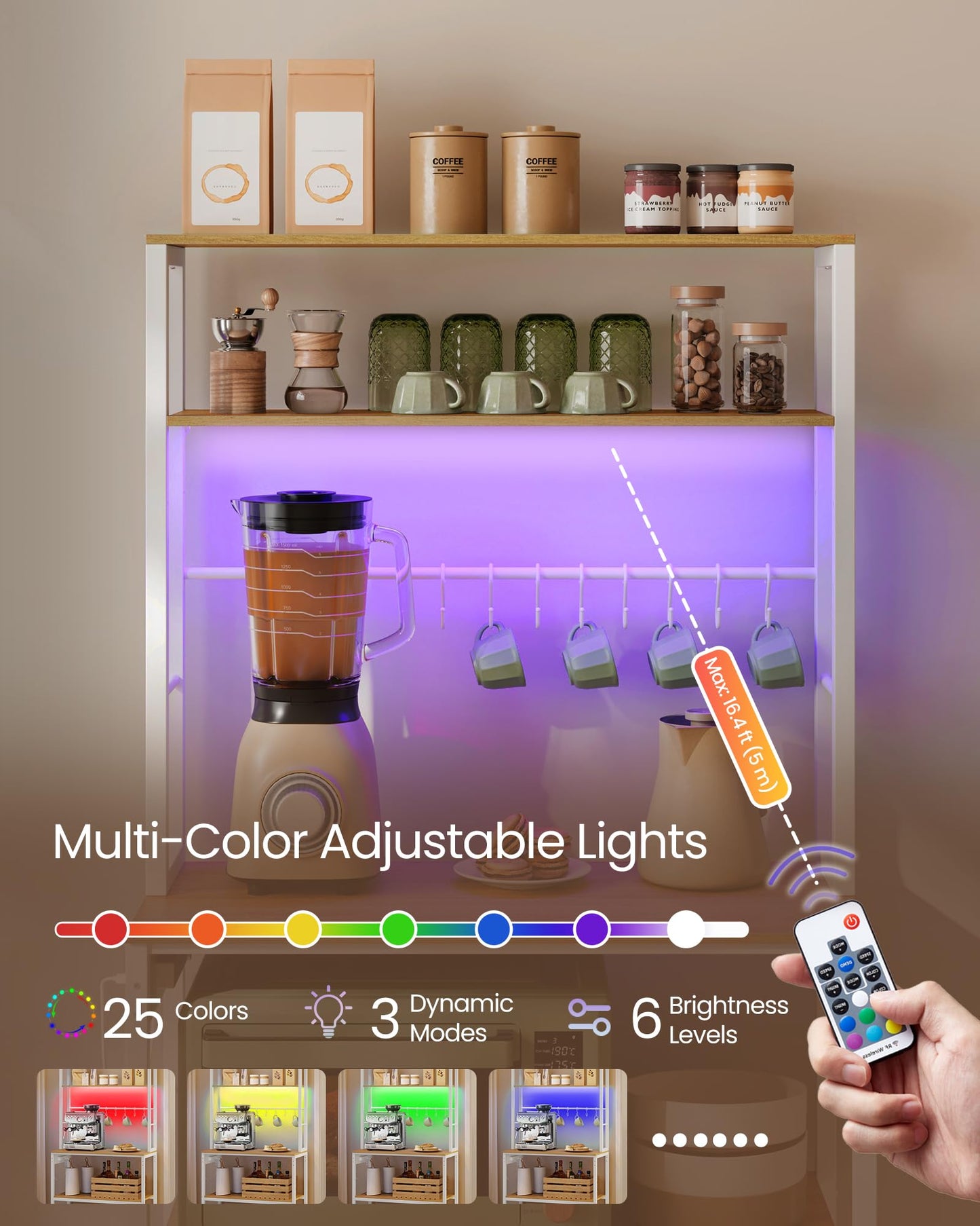 VASAGLE Coffee Bar with LED Lights, Kitchen Bakers Rack with Power Outlet, Microwave Stand with Adjustable Shelves, 8 Hooks, 15.7 x 31.5 x 65.7 Inches, Golden Oak and Matte White UKKS050Y01