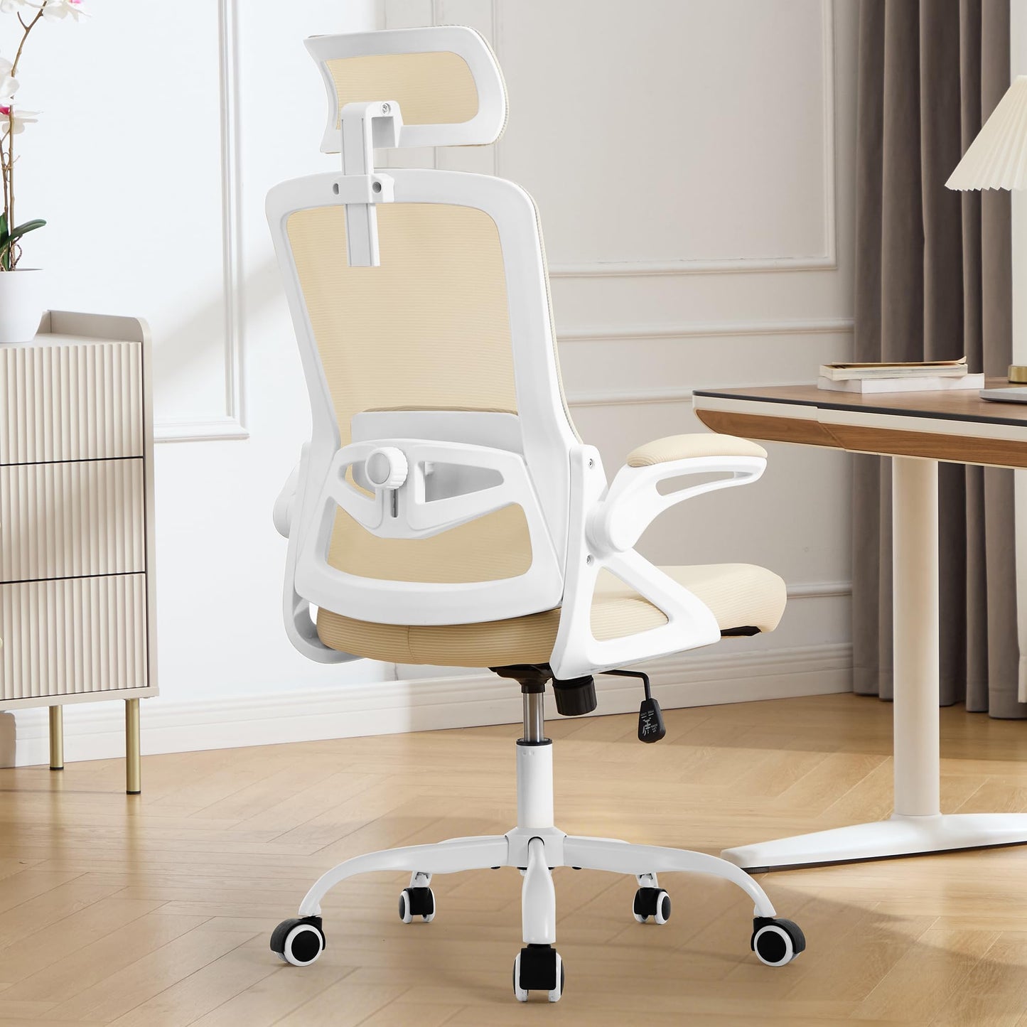 Fizzin Ergonomic Office Chair, 400 LBS Computer Chairs with Adjustable Lumbar Support, Breathable Mesh Desk Chair Ergonomic with Thickened Cushion, Comfy Home Office Desk Chair (Buff Beige)