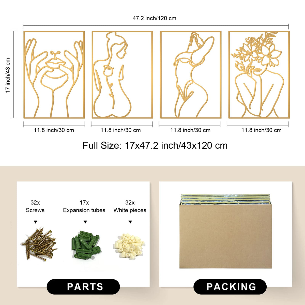Glamativity 4 Pack Gold Wall Art Decor, Minimalist Single Line Real Metal Wall Art, Woman's Body Shape Abstract Wall Art (Gold Classic Style, 17 x 11.8'')
