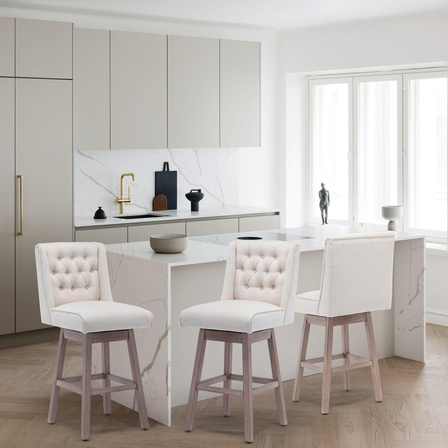 UDAX 26" Swivel Bar Stools Set of 4, Counter Height Barstools with Back, Linen Fabric Upholstered Bar Stools, Modern Barstools Wood Legs for Kitchen Island Dining Room Bar