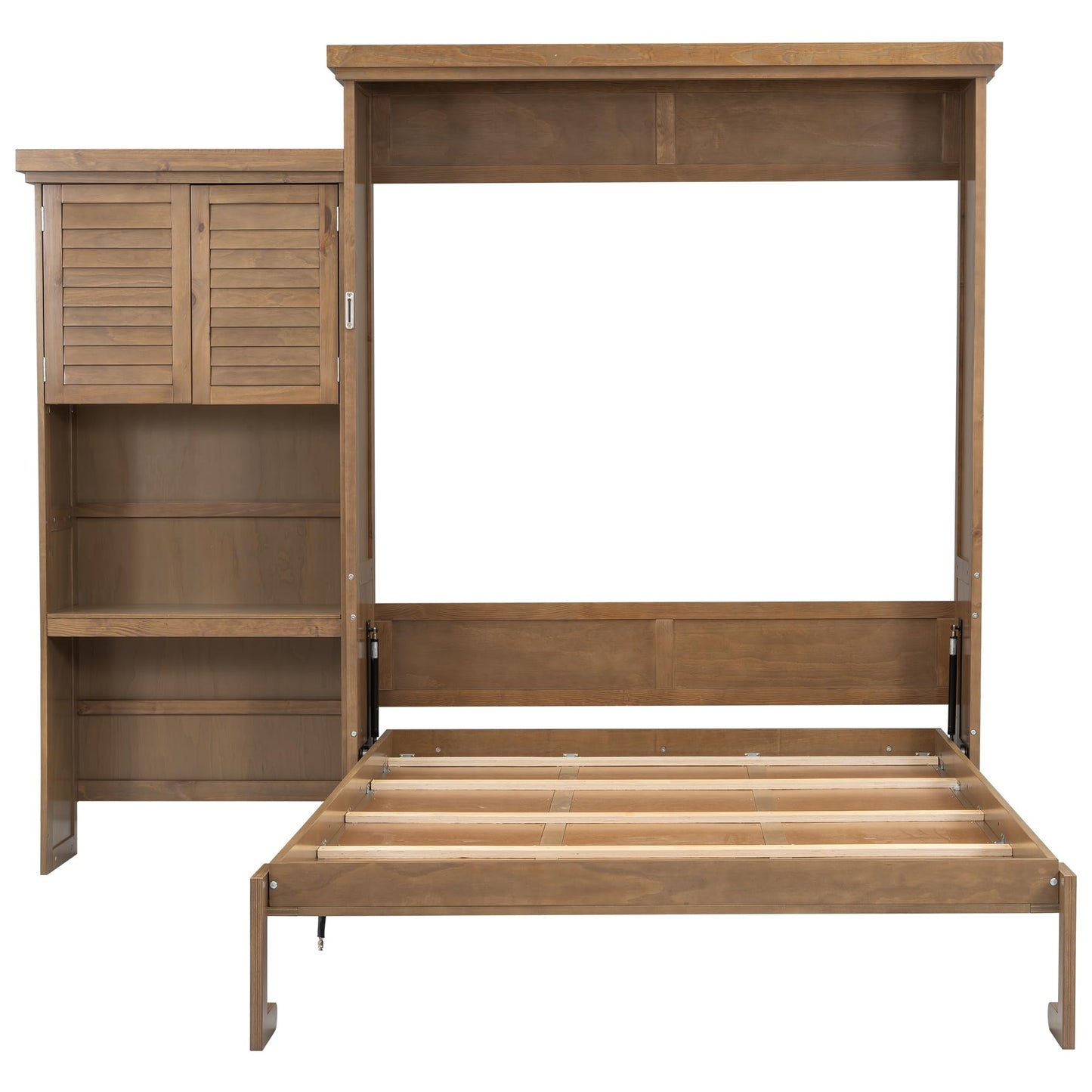 HECATEVIC Murphy Bed with Bookshelf, Wall Bed Cabinet with Storage Shelves, Space Saving Solid Wood Foldable Bed Frame, Queen Size, Burlywood