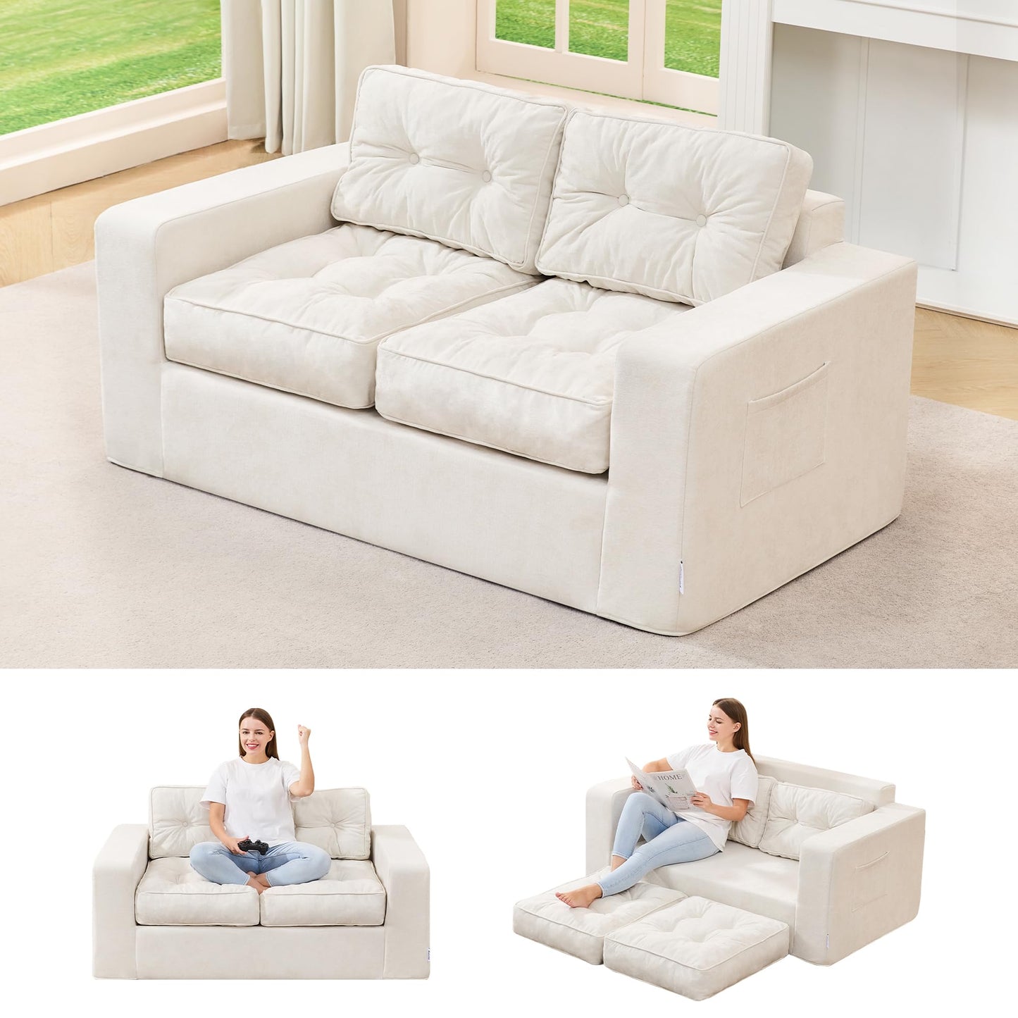 Hobestluk Sofa Couch Loveseat Sofa with Chenille Fabric 2-Seater Sofa for Small Spaces Comfortable Foam Floor Sofa 2 in 1 Boneless Couch for Living Room Bedroom Apartment or Office (Beige, Loveseat)