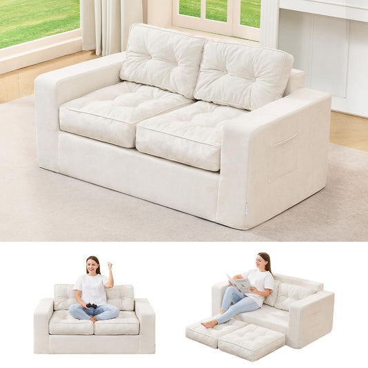 Hobestluk Sofa Couch Loveseat Sofa with Chenille Fabric 2-Seater Sofa for Small Spaces Comfortable Foam Floor Sofa 2 in 1 Boneless Couch for Living Room Bedroom Apartment or Office (Beige, Loveseat)