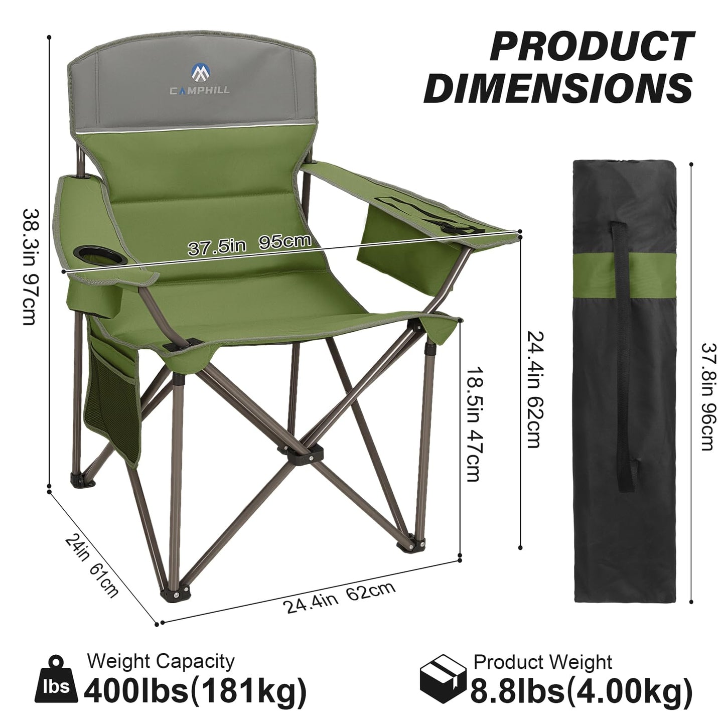 CAMPHILL Oversized Camping Chairs 2 Pack - Heavy Duty 400LBS Padded Lawn Chair with Cooler Bag,Cup Holder,Side Pocket,Collapsible for Outdoor,Camp,Fishing & Garden,Olive Green