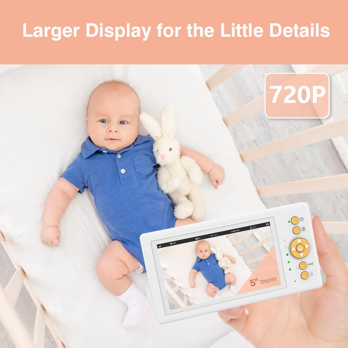 JouSecu Baby Monitor No WiFi, 5" 720P HD Screen Baby Monitor with Camera and Audio with 30hrs Long Battery Life, Baby Camera Monitor Two-Way Talk, VOX, Infrared Night Vision, Temperature Monitoring