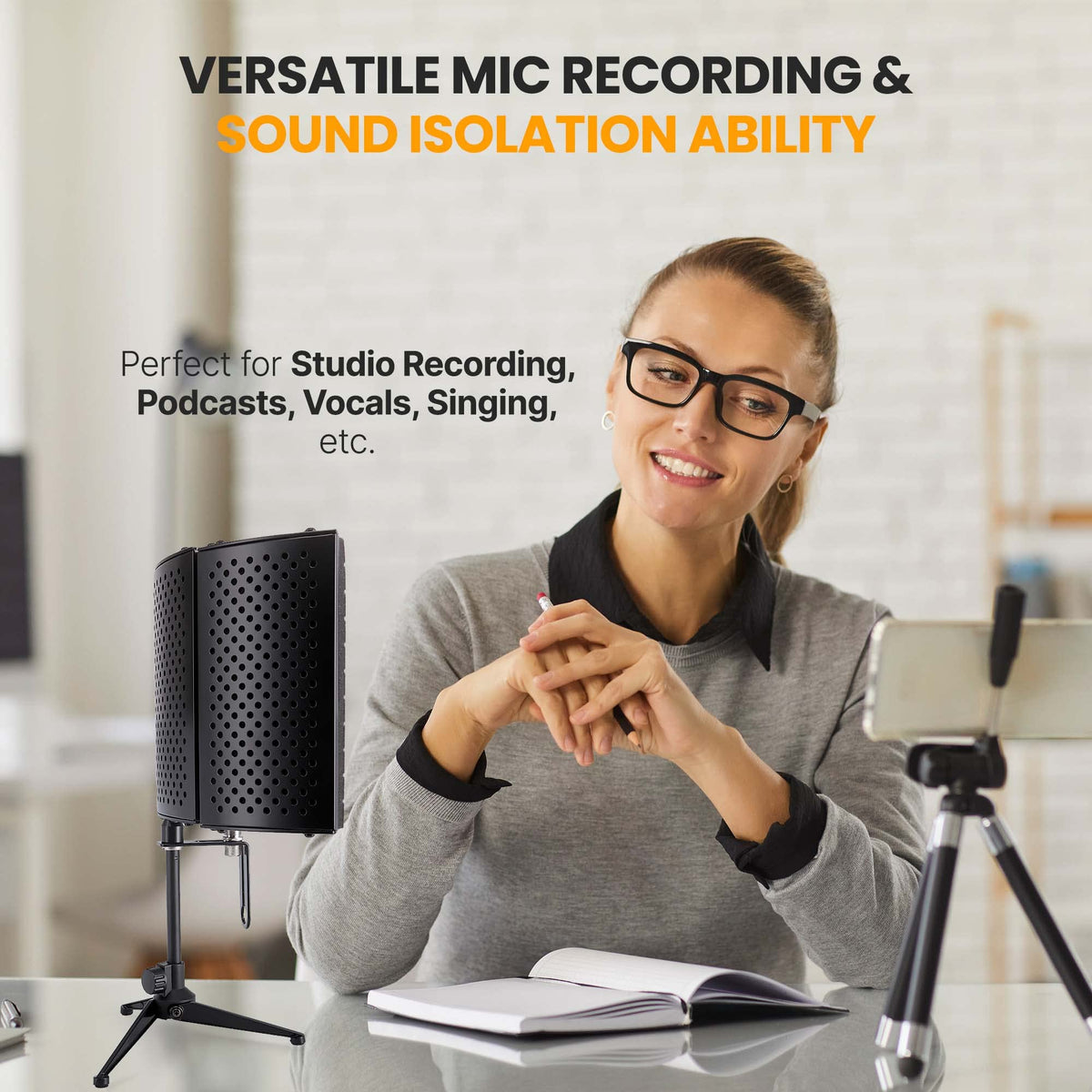 Pyle Compact Microphone Isolation Shield – Portable Studio Mic Sound Dampening Foam Reflector with Adjustable Panels, Acoustic Foam, Tabletop Tripod Stand for Recording & Podcasts