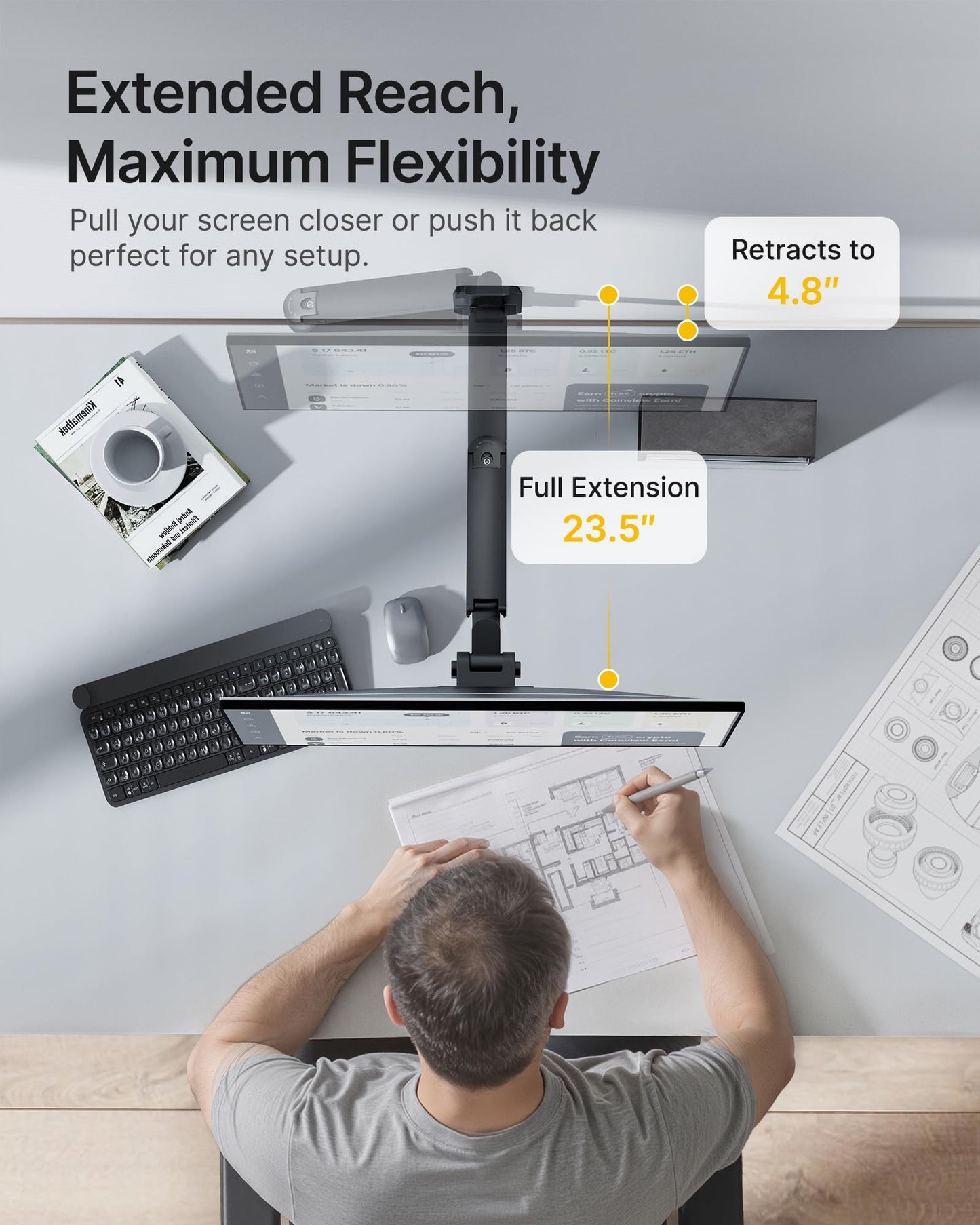 monTEK Ultra Wide Wall Mount Monitor Arm for 17-49 Inch Screens, Heavy Duty Single Monitor Mount up to 44 lbs, Fully Adjustable Gas Spring Wall Mount, 75x75/100x100 VESA Mount, Black